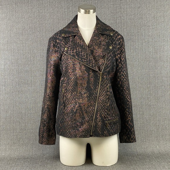 Per Se Metallic Snakeskin Moto Jacket Womens Size 8 Textured Bronze Bronze - Picture 1 of 10